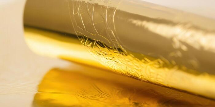 A close-up shot of gold foil, displaying beautiful reflections and a luxurious texture. photo