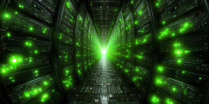 Inside a futuristic data center with servers and green lights. photo
