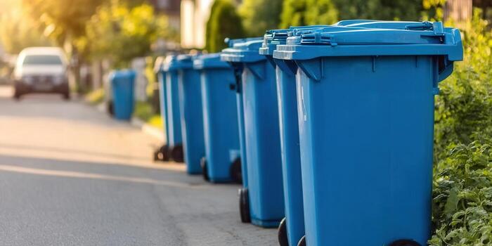 Several blue trash bins are lined up on the side of a street, ready for pickup. photo