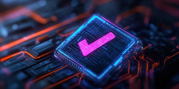 A digital check mark glows on a circuit board, showcasing data validation. photo