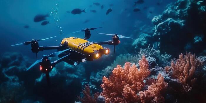 Underwater drone surveys a colorful coral reef environment in the deep sea. photo