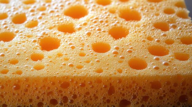 A close-up of a yellow sponge showing its porous texture and bubbly surface. photo