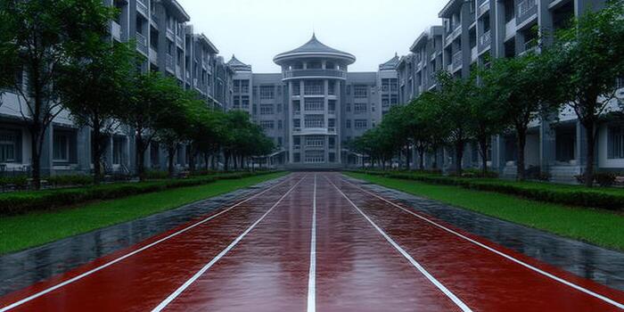 The wet track leads to a large building on a school campus on a cloudy day. photo