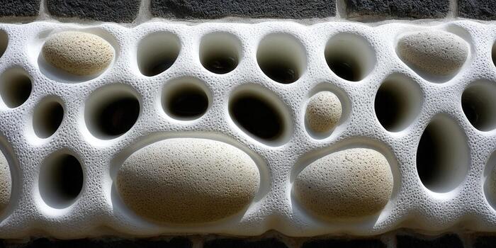 Intricate architectural detail with white stone and pebble accents photo