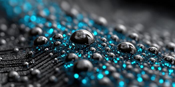 Macro view of water drops on a circuit board, enhanced with a neon blue glow. photo