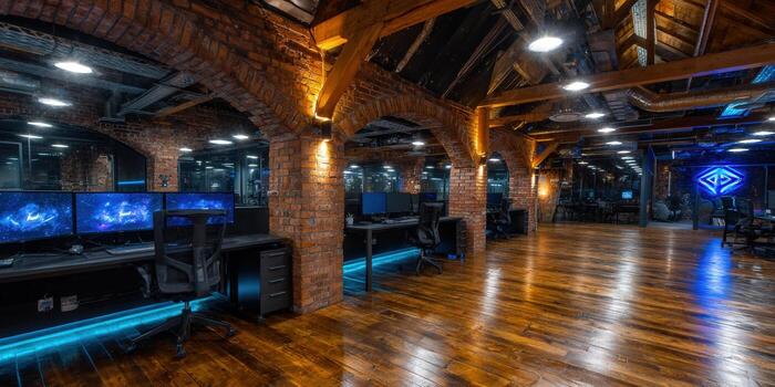 Modern office interior featuring brick walls, archways, and stylish desks with tech setup. photo