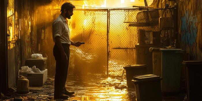 A man in a dark alley, bathed in golden light, holding a small object. photo