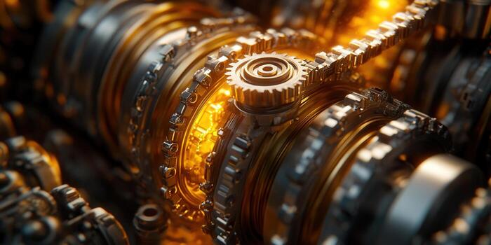 Intricate mechanical gears and chains are illuminated by a warm, golden glow, highlighting complex details. photo