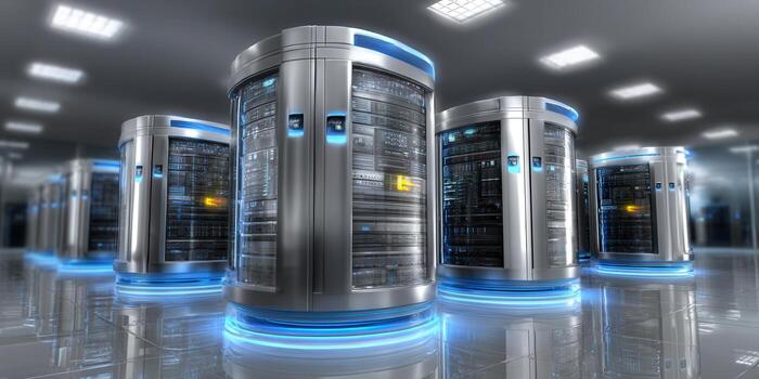 Modern data center with rows of servers, representing technology and digital information. photo