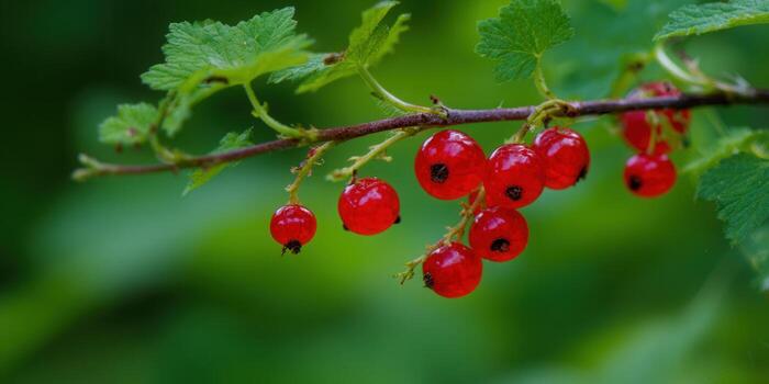 A close-up image showcases a branch laden with vibrant redcurrants. photo