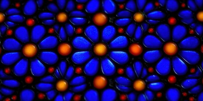 Intricate blue floral pattern with orange centers and red dots, perfect for backgrounds. photo