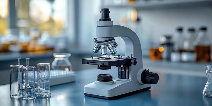 A detailed image of a microscope in a science lab, with beakers and test tubes. photo