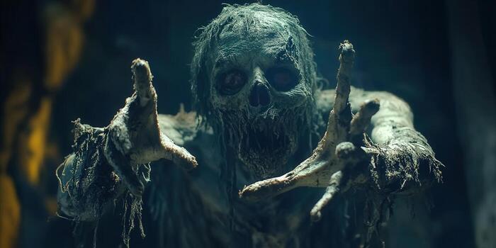 This haunting image captures a terrifying zombie reaching out with a menacing expression in a dark setting. photo