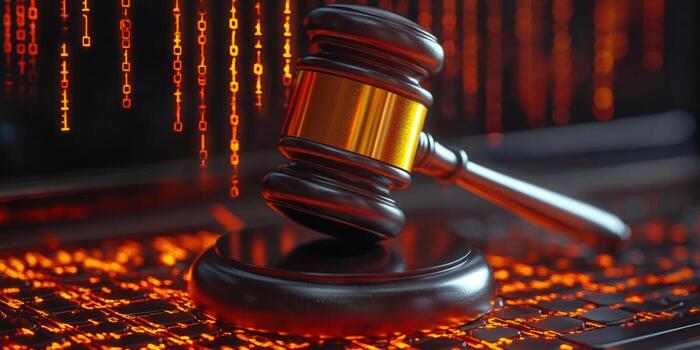 Gavel resting on a keyboard with glowing binary code, digital justice concept. photo