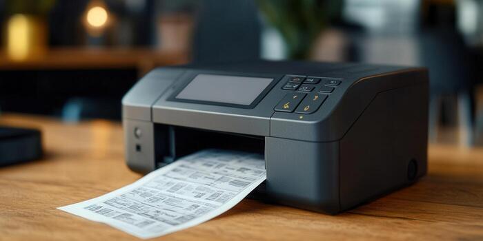 The printer is actively printing important documents in a modern office setting. photo