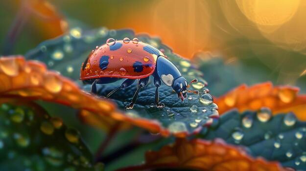 un de cerca de un mariquita con agua gotas en un verde hoja en el luz de sol. foto