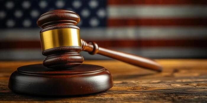 Wooden gavel on a stand with the american flag in the blurred background, symbolizing justice. photo
