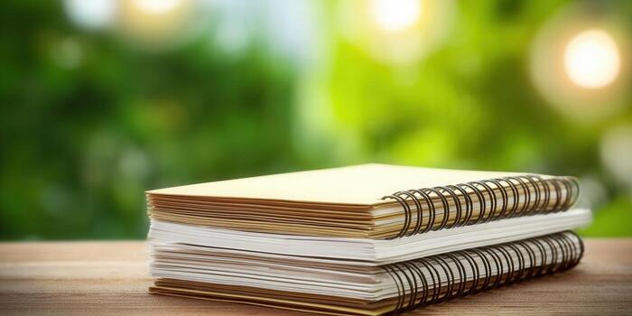Notebooks stacked on a wooden table with a vibrant green backdrop photo