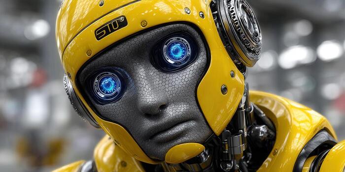 Intricate robot design with glowing blue eyes, capturing the essence of futuristic technology. photo