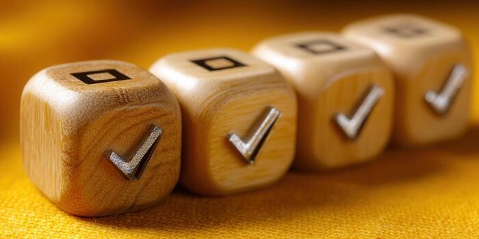 Wooden dice with checkmarks on a yellow background, perfect for illustrating choices and decisions. photo