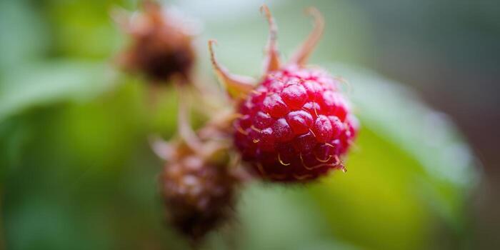 A close-up shot of a ripe, red raspberry, showcasing its vibrant texture. photo