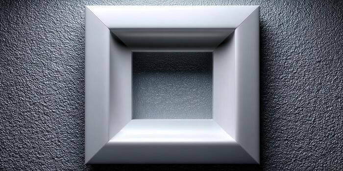A minimalist white square frame is set against a textured, dark wall, creating a modern design. photo