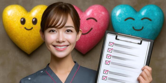 Joyful woman with clipboard, checks, and heart-shaped smiles in a healthcare setting. photo