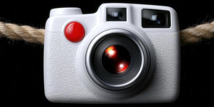 A stylish white camera with a red button is displayed against a dark backdrop with a rope. photo