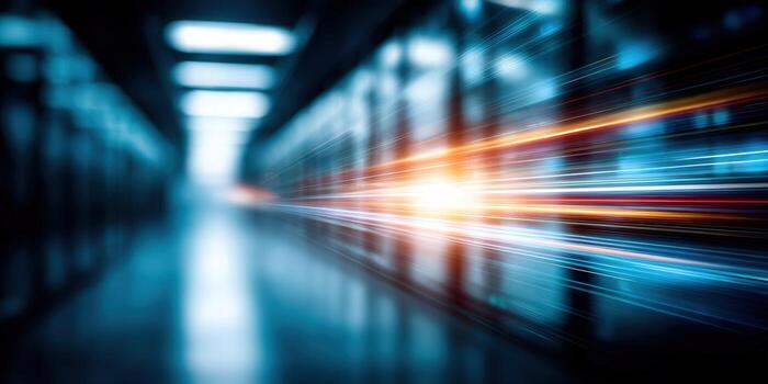 Dynamic image of a data center, showcasing high-speed data transfer and modern technology. photo