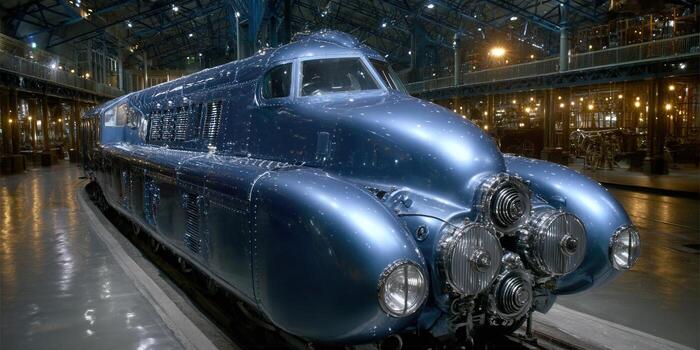 A sleek blue streamliner train on display inside a historical building, artfully lit. photo