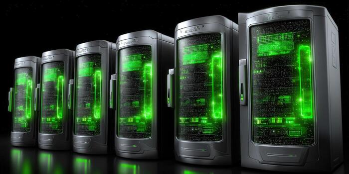 A row of modern server racks glows with vibrant green light, showcasing cutting-edge technology and data. photo