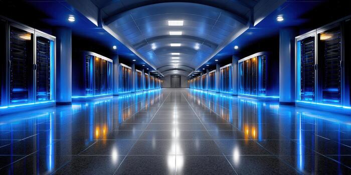 Modern server room with rows of servers and bright blue lights reflecting on the floor. photo