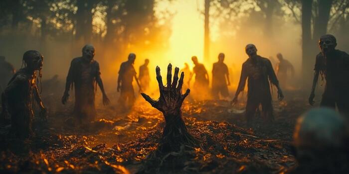 Zombies emerge from the ground during a terrifying night scene in a spooky forest, filled with horror. photo