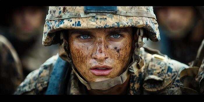 Portrait of a determined soldier with mud on his face, ready for battle photo