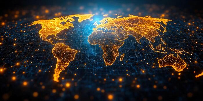 Vibrant digital world map illustrating interconnected global networks and data flow. photo