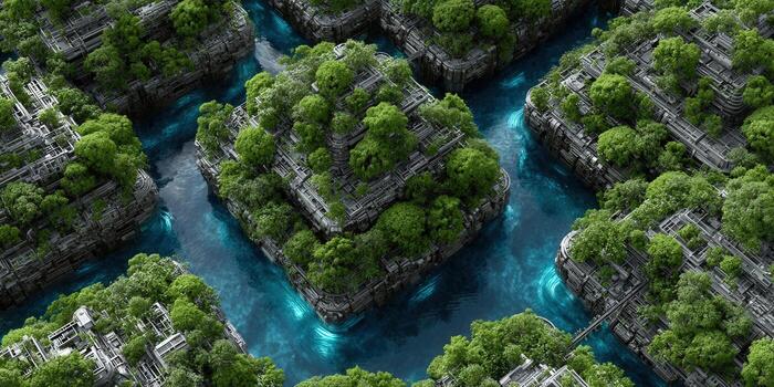 esta imagen retrata un futurista ciudad con verde islas y fluido ríos, mezcla tecnología y naturaleza sin problemas. foto