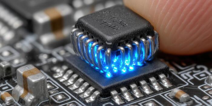 Detailed view of a glowing circuit board component, perfect for tech-related content. photo
