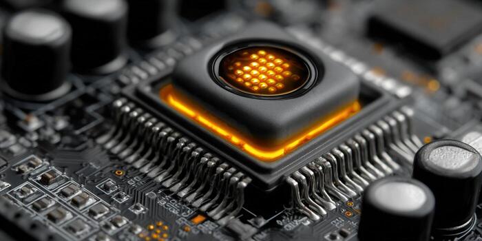 Intricate close-up of a glowing computer processor on a circuit board, showcasing advanced technology. photo