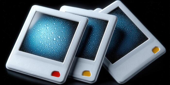 Three old-fashioned slide frames with a blue water droplet background. photo