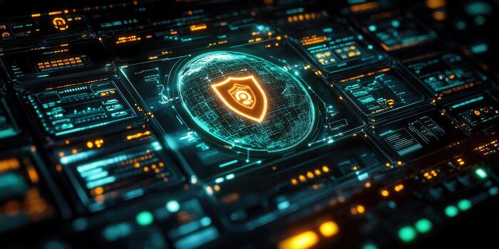 Cybersecurity concept visualized on a digital interface with a shield icon for data protection. photo