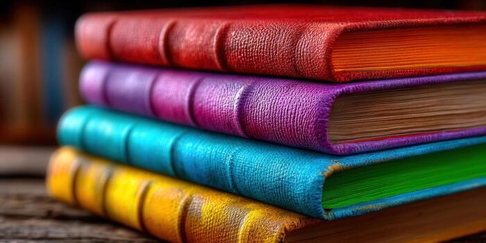 A stack of vividly colored books, perfect for reading or academic studies. photo