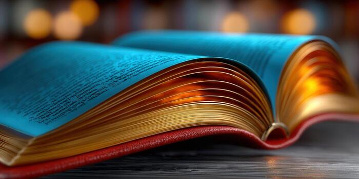 de cerca de un abierto libro, sus paginas iluminado con un suave, calentar resplandor y un único azul tono. foto