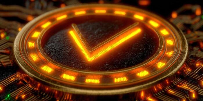 A glowing gold circuit board with a checkmark symbol, representing digital verification and validation. photo
