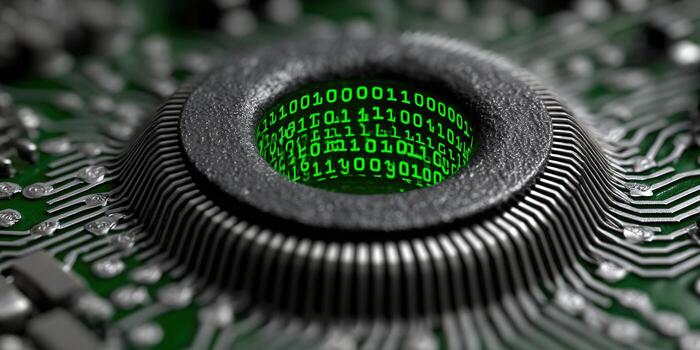 de cerca de un computadora chip mostrando binario código, destacando tecnología y datos Procesando. foto