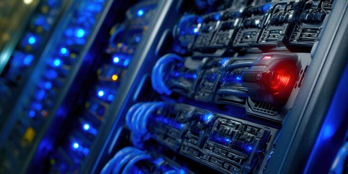 intrincado servidor equipo brilla con azul luces, destacando datos centrar infraestructura. foto