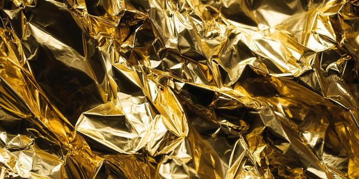 A close-up of crumpled gold foil creates a luxurious, textured background full of highlights and shadows. photo