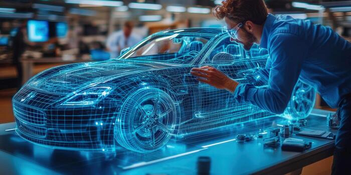 An engineer analyzing a 3D model of a futuristic car design in a lab. photo