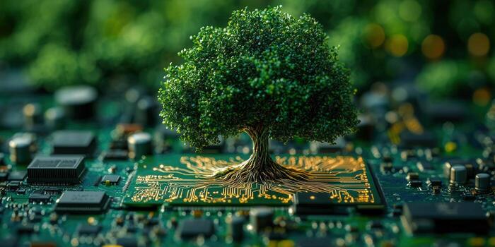The symbolic image of a tree flourishing on a circuit board, blending nature and technology. photo