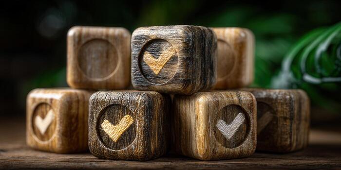 Wooden blocks with checkmarks represent approval and success in a creative composition. photo