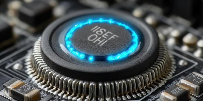 macro Disparo de un computadora procesador con un brillante azul circular luz, destacando moderno tecnología. foto